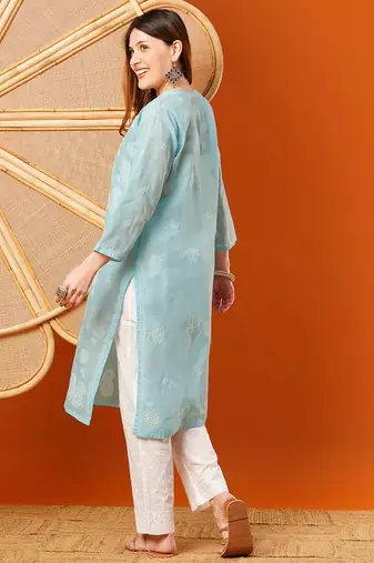 hand embroidered blue cotton lucknowi chikankari straight kurta