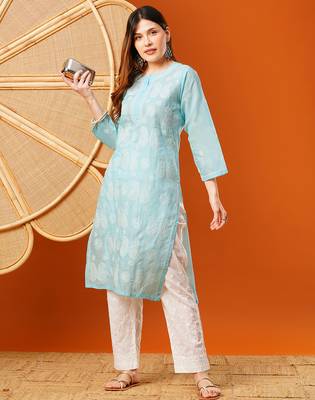 hand embroidered blue cotton lucknowi chikankari straight kurta 3