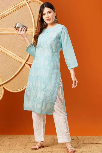 hand embroidered blue cotton lucknowi chikankari straight kurta