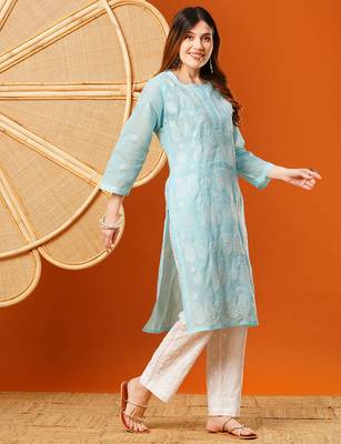 hand embroidered blue cotton lucknowi chikankari straight kurta 4