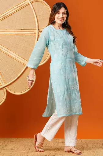 hand embroidered blue cotton lucknowi chikankari straight kurta