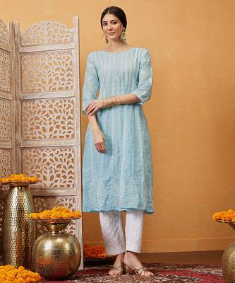 hand embroidered sky blue cotton lucknowi chikankari anarkali a-line kurta 1