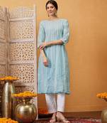 hand embroidered sky blue cotton lucknowi chikankari anarkali a-line kurta