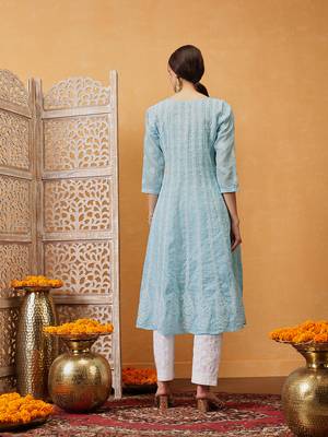 hand embroidered sky blue cotton lucknowi chikankari anarkali a-line kurta 2