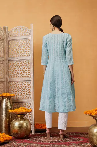 hand embroidered sky blue cotton lucknowi chikankari anarkali a-line kurta