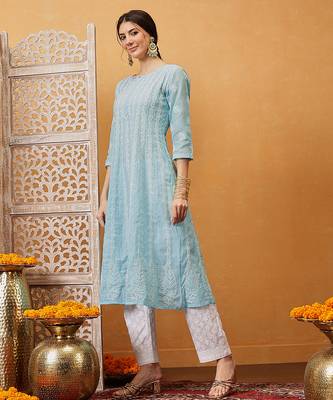 hand embroidered sky blue cotton lucknowi chikankari anarkali a-line kurta 3