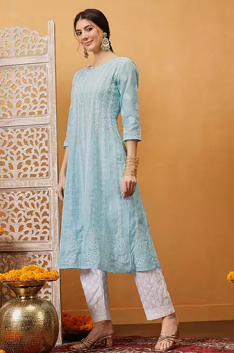 hand embroidered sky blue cotton lucknowi chikankari anarkali a-line kurta