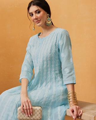 hand embroidered sky blue cotton lucknowi chikankari anarkali a-line kurta 4