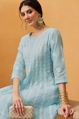 hand embroidered sky blue cotton lucknowi chikankari anarkali a-line kurta