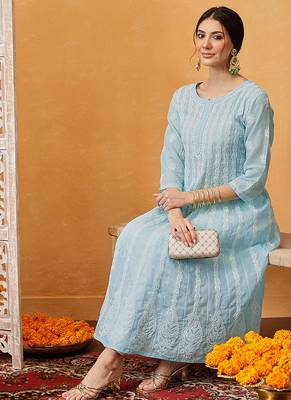 hand embroidered sky blue cotton lucknowi chikankari anarkali a-line kurta 5