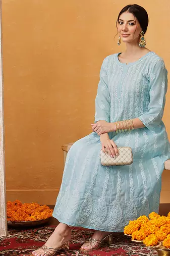 hand embroidered sky blue cotton lucknowi chikankari anarkali a-line kurta