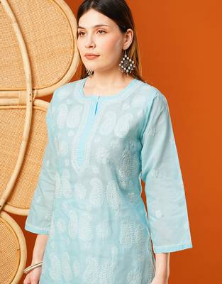hand embroidered blue cotton lucknowi chikankari straight kurta 6