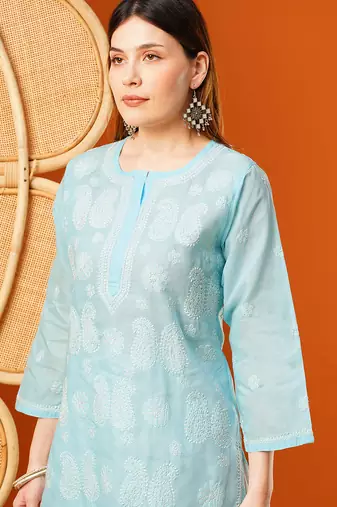 hand embroidered blue cotton lucknowi chikankari straight kurta