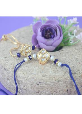 Gold-plated set of 2 handmade unisex rakhi for bhaiya bhabhi with roli chawal and written greeting note. 2