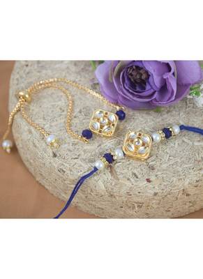 Gold-plated set of 2 handmade unisex rakhi for bhaiya bhabhi with roli chawal and written greeting note. 3