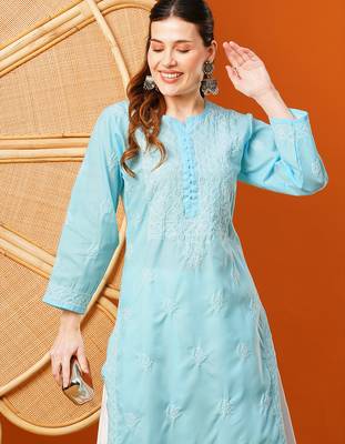 hand embroidered sky blue cotton lucknowi chikankari straight kurta 6