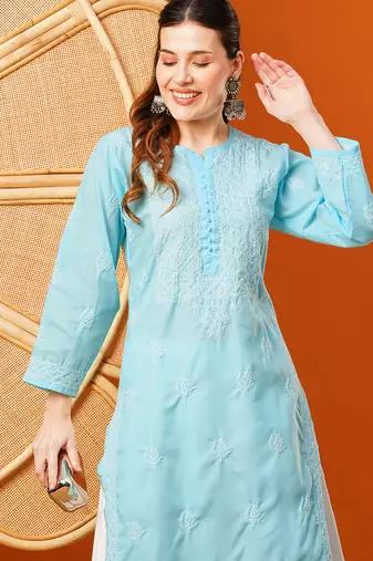 hand embroidered sky blue cotton lucknowi chikankari straight kurta