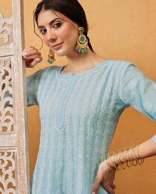 hand embroidered sky blue cotton lucknowi chikankari anarkali a-line kurta 6
