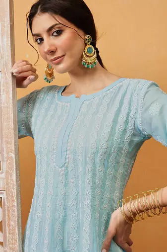 hand embroidered sky blue cotton lucknowi chikankari anarkali a-line kurta