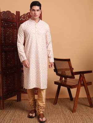 Beautiful peach color smart printed men's festive wear kurta 1