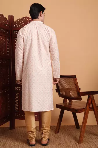 Beautiful peach color smart printed men's festive wear kurta