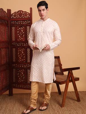 Beautiful peach color smart printed men's festive wear kurta 3