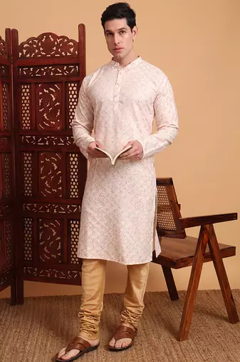 Beautiful peach color smart printed men's festive wear kurta