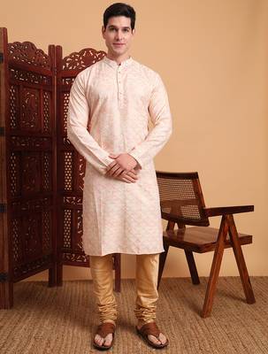 Beautiful peach color smart printed men's festive wear kurta 1