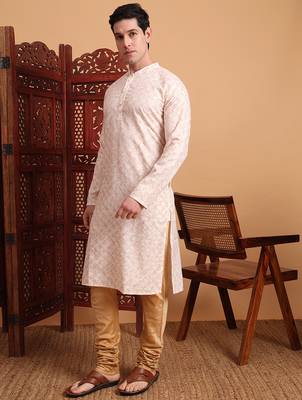 Beautiful peach color smart printed men's festive wear kurta 4
