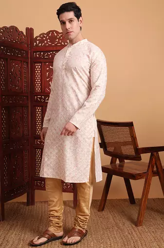 Beautiful peach color smart printed men's festive wear kurta