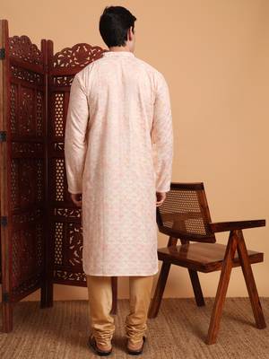 Beautiful peach color smart printed men's festive wear kurta 2