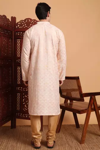 Beautiful peach color smart printed men's festive wear kurta