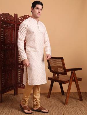 Beautiful peach color smart printed men's festive wear kurta 5