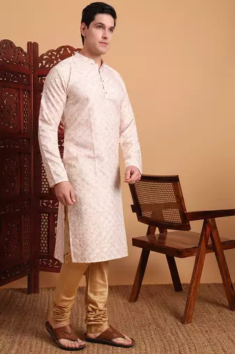 Beautiful peach color smart printed men's festive wear kurta