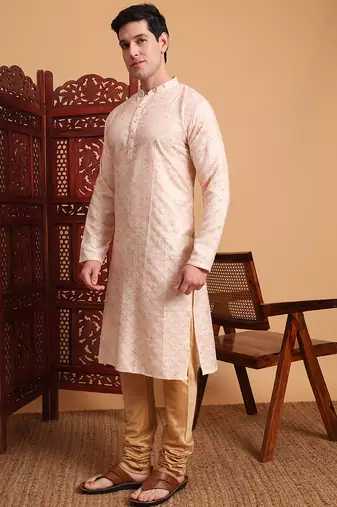 Beautiful peach color smart printed men's festive wear kurta