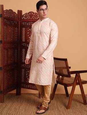 Beautiful peach color smart printed men's festive wear kurta 4