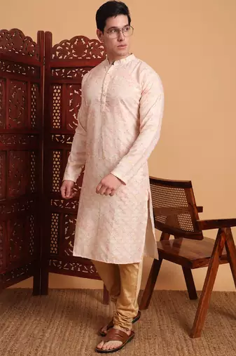 Beautiful peach color smart printed men's festive wear kurta
