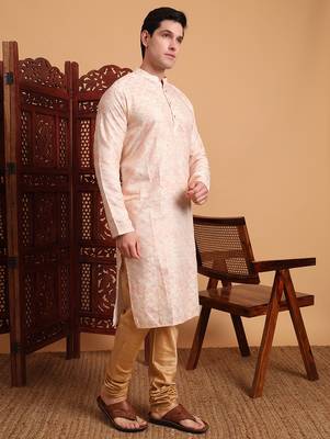 Beautiful peach color smart printed men's festive wear kurta 5