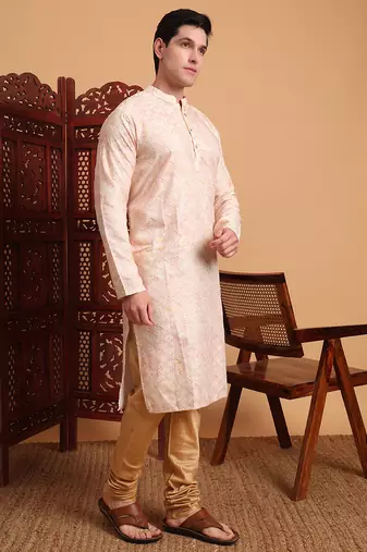 Beautiful peach color smart printed men's festive wear kurta