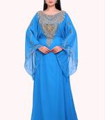Sky Blue Stitched Kaftan with Golden Handwork Embroidery Embellishment Dresses