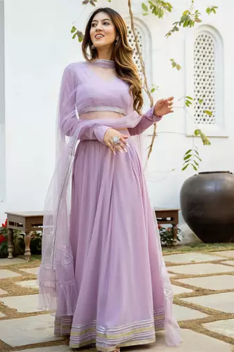 Elegant Lavender Flared Georgette Lehenga Choli Set with Dupatta