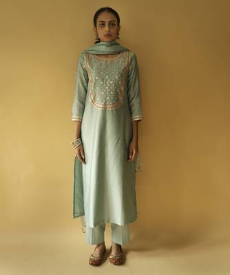 Teal green chanderi embroidered kurta set 1