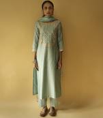 Teal green chanderi embroidered kurta set