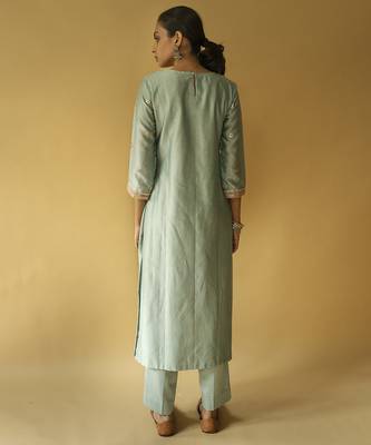 Teal green chanderi embroidered kurta set 2