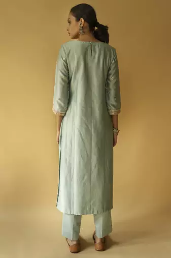 Teal green chanderi embroidered kurta set