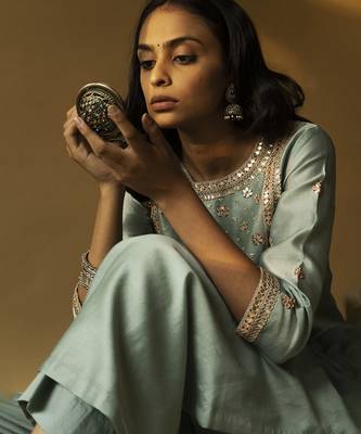 Teal green chanderi embroidered kurta set 3