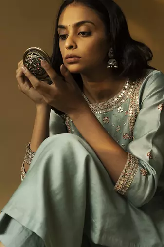 Teal green chanderi embroidered kurta set