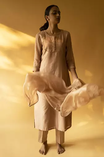 Beige chanderi plain kurta set