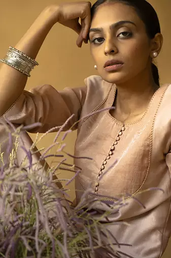 Beige chanderi plain kurta set