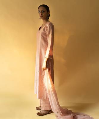 Pink chanderi plain kurta set 1